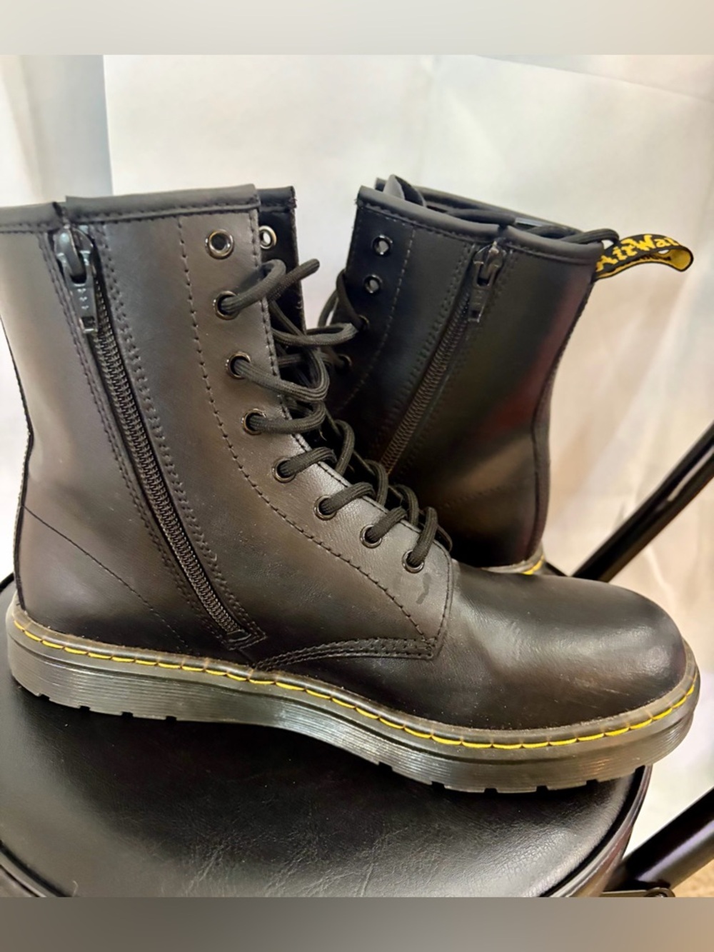 Dr. Martens Black Leather Lace-Up Combat Boots with Yellow Stitching